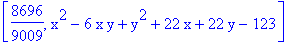 [8696/9009, x^2-6*x*y+y^2+22*x+22*y-123]